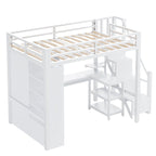 Lit mezzanine en métal avec bureau, armoire et escalier marchettes – Taille double/simple avec ports USB et étagère à 5 niveaux