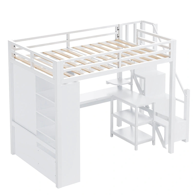 Lit mezzanine en métal avec bureau, armoire et escalier marchettes – Taille double/simple avec ports USB et étagère à 5 niveaux