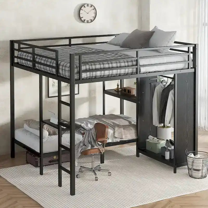Cadre de lit superposé King sur Twin XL avec armoire et bureau pliable, noir