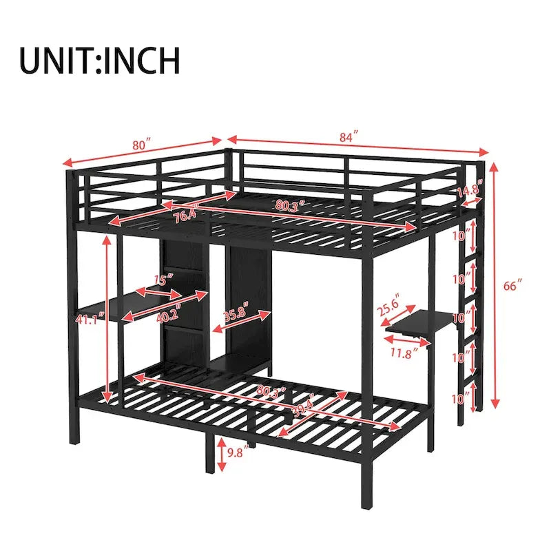 Cadre de lit superposé King sur Twin XL avec armoire et bureau pliable, noir