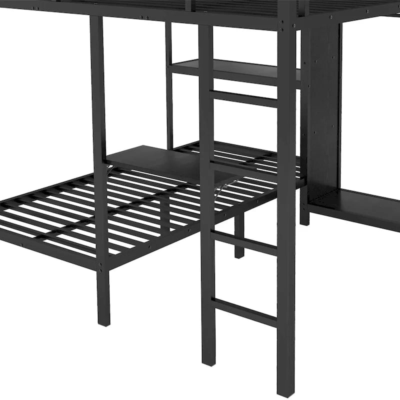 Cadre de lit superposé King sur Twin XL avec armoire et bureau pliable, noir