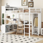 Lit mezzanine métallique double avec armoire, bureau en L, casiers et étagères de rangement