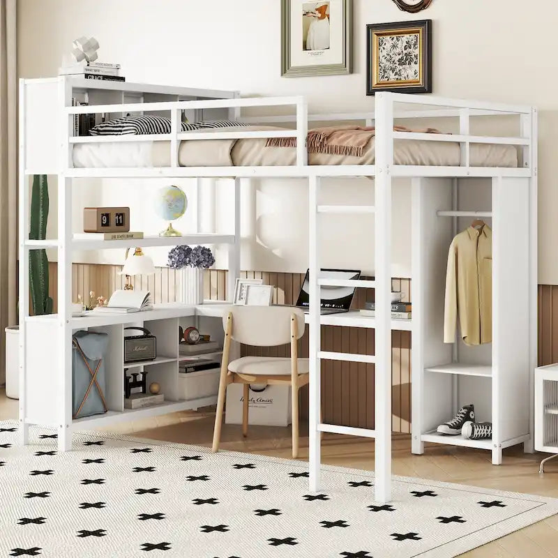 Lit mezzanine métallique double avec armoire, bureau en L, casiers et étagères de rangement
