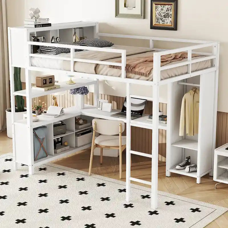 Lit mezzanine métallique double avec armoire, bureau en L, casiers et étagères de rangement