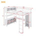 Lit mezzanine métallique double avec armoire, bureau en L, casiers et étagères de rangement