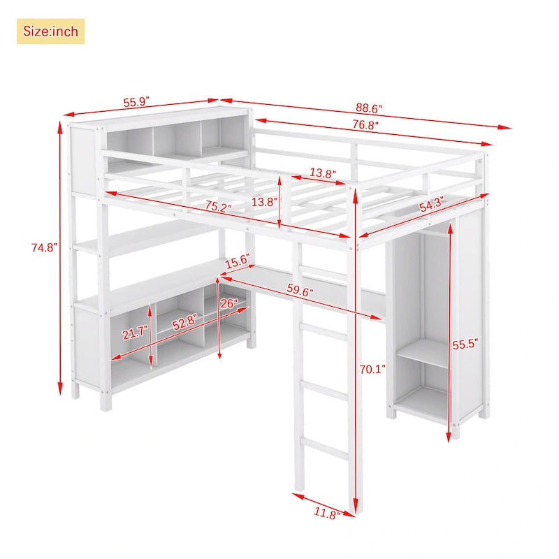 Lit mezzanine métallique double avec armoire, bureau en L, casiers et étagères de rangement