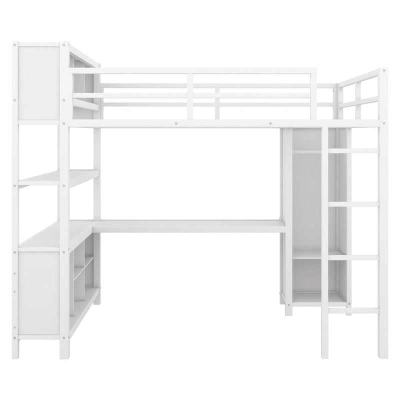 Lit mezzanine métallique double avec armoire, bureau en L, casiers et étagères de rangement