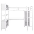 Lit mezzanine métallique double avec armoire, bureau en L, casiers et étagères de rangement