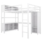 Lit mezzanine métallique double avec armoire, bureau en L, casiers et étagères de rangement
