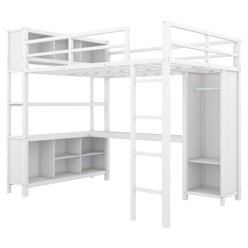 Lit mezzanine métallique double avec armoire, bureau en L, casiers et étagères de rangement