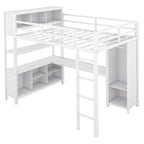 Lit mezzanine métallique double avec armoire, bureau en L, casiers et étagères de rangement