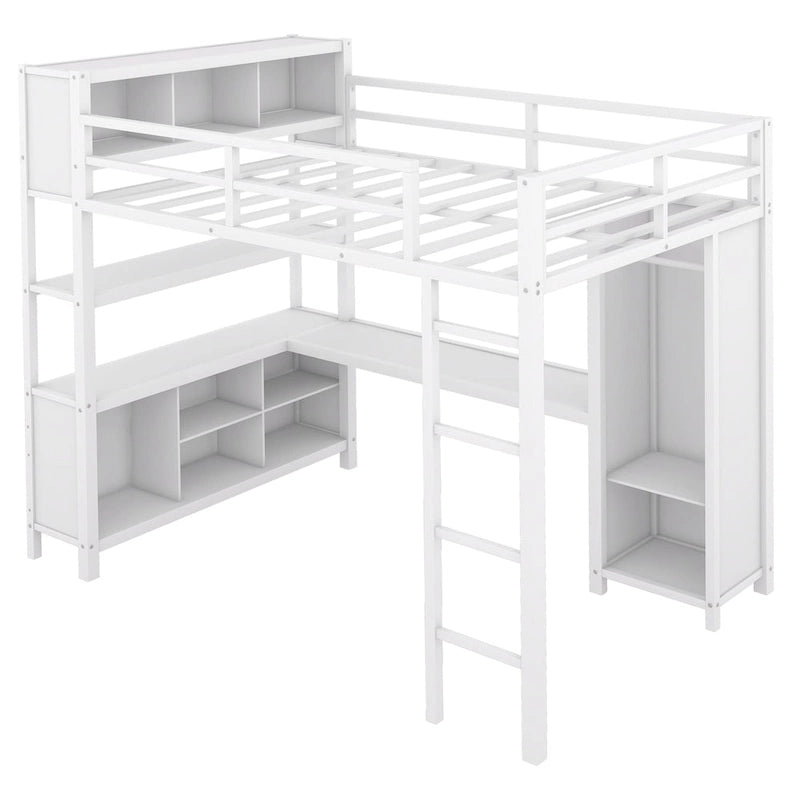 Lit mezzanine métallique double avec armoire, bureau en L, casiers et étagères de rangement
