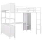 Lit mezzanine métallique double avec armoire, bureau en L, casiers et étagères de rangement