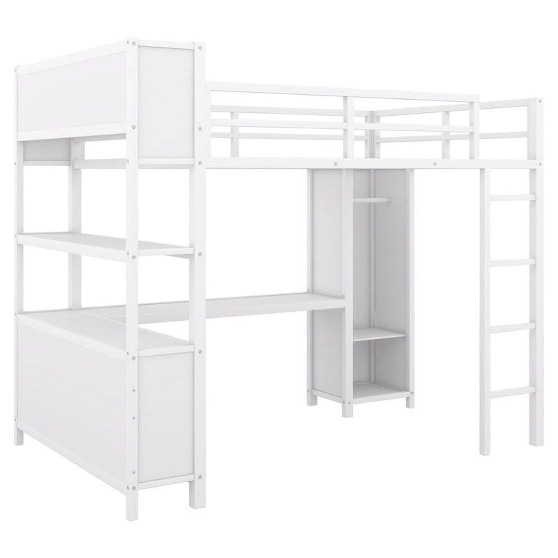 Lit mezzanine métallique double avec armoire, bureau en L, casiers et étagères de rangement