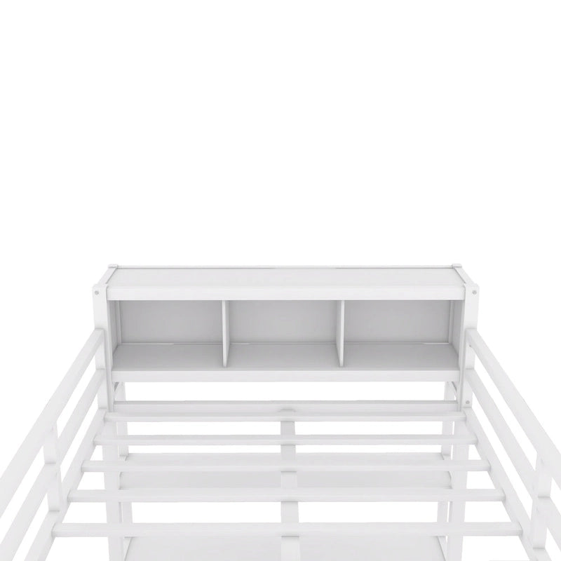 Lit mezzanine métallique double avec armoire, bureau en L, casiers et étagères de rangement