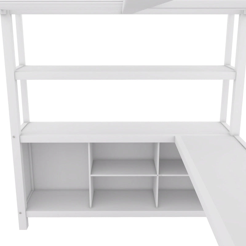 Lit mezzanine métallique double avec armoire, bureau en L, casiers et étagères de rangement