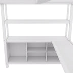 Lit mezzanine métallique double avec armoire, bureau en L, casiers et étagères de rangement