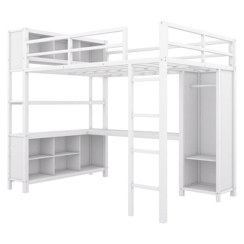 Lit mezzanine métallique double avec armoire, bureau en L, casiers et étagères de rangement