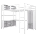 Lit mezzanine métallique double avec armoire, bureau en L, casiers et étagères de rangement