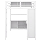 Lit mezzanine métallique double avec armoire, bureau en L, casiers et étagères de rangement