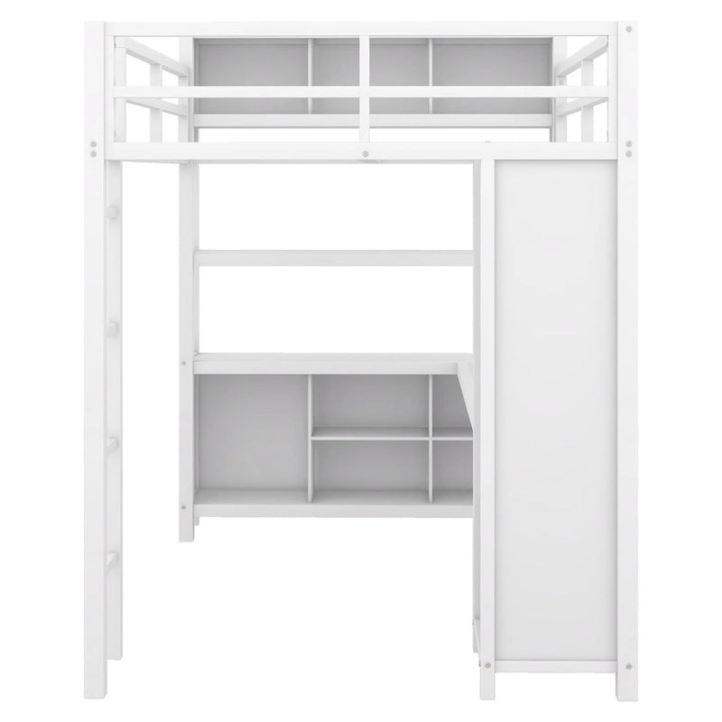 Lit mezzanine métallique double avec armoire, bureau en L, casiers et étagères de rangement