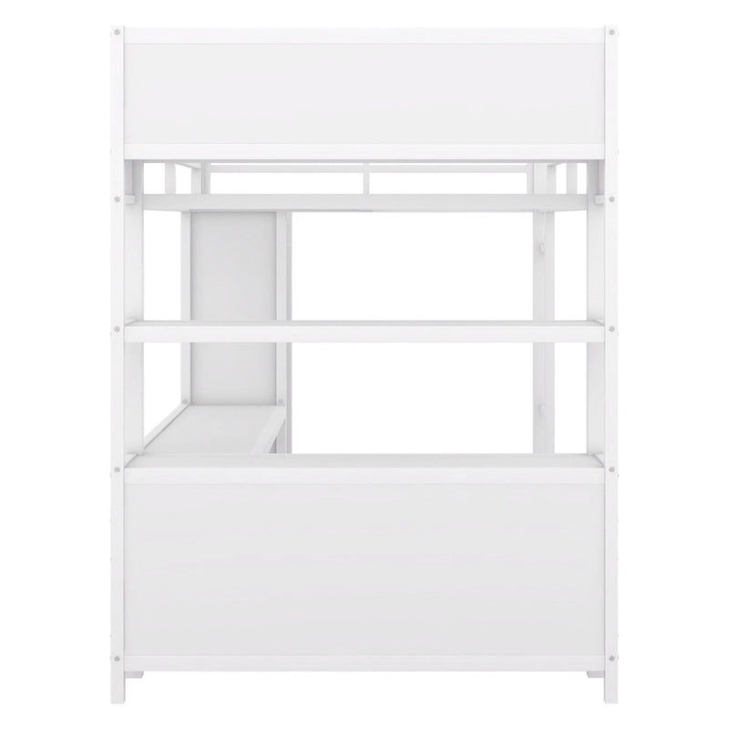 Lit mezzanine métallique double avec armoire, bureau en L, casiers et étagères de rangement