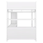 Lit mezzanine métallique double avec armoire, bureau en L, casiers et étagères de rangement