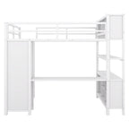 Lit mezzanine métallique double avec armoire, bureau en L, casiers et étagères de rangement