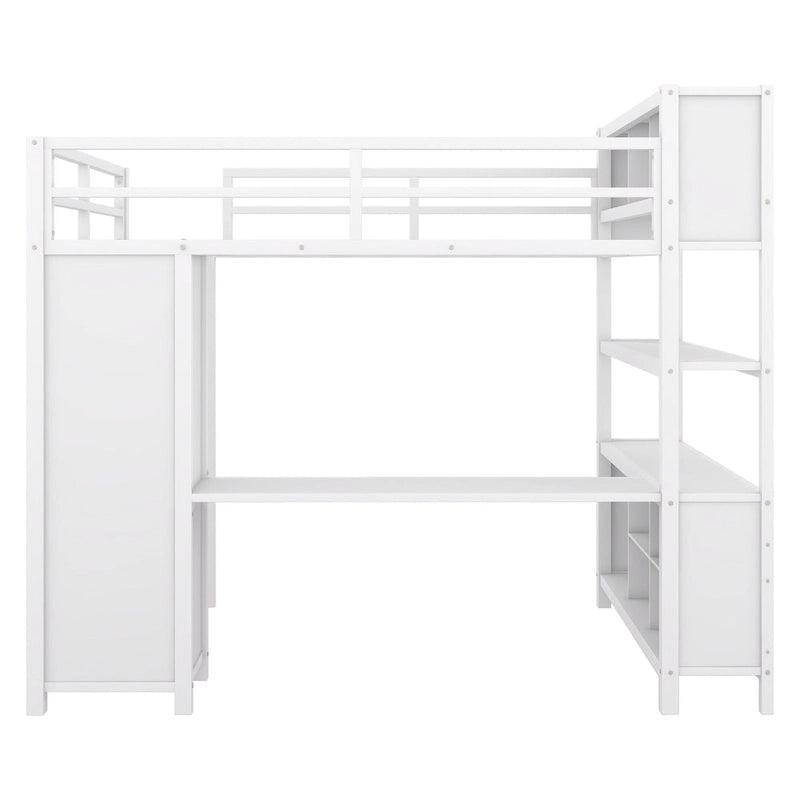 Lit mezzanine métallique double avec armoire, bureau en L, casiers et étagères de rangement