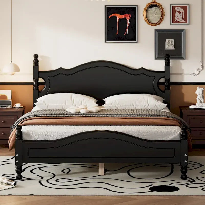 Lit plateforme en bois avec tête de lit rétro – Double et Queen