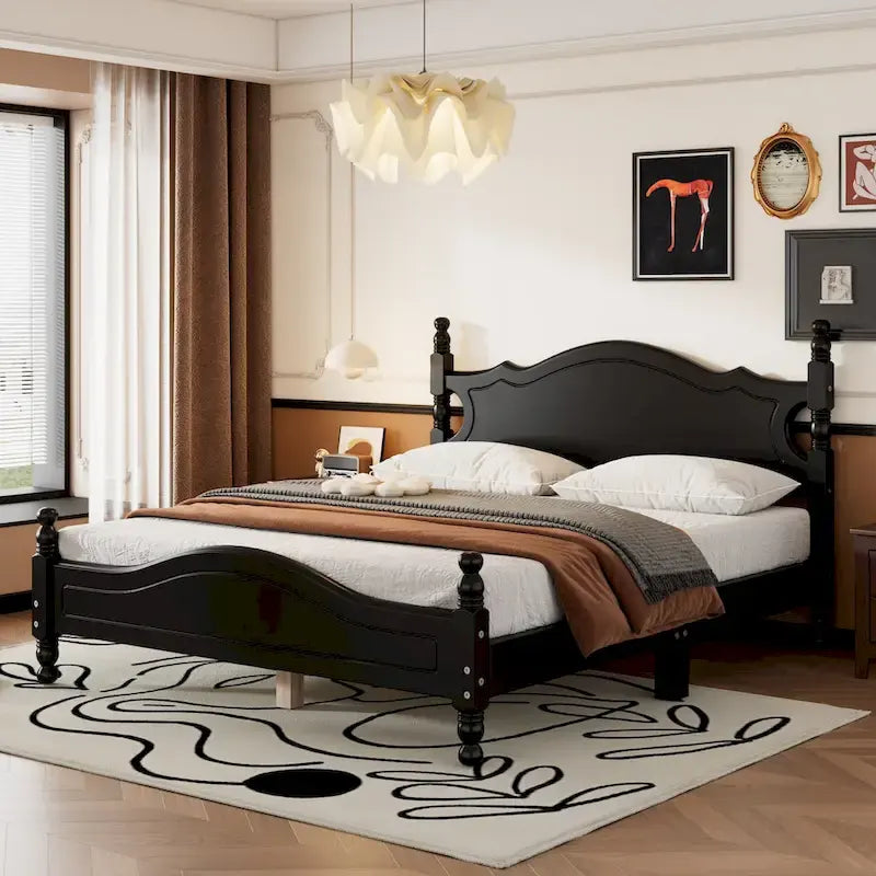 Lit plateforme en bois avec tête de lit rétro – Double et Queen