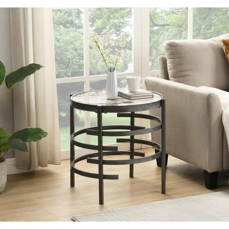 Table d'appoint ronde avec plateau en pierre frittée et structure métallique, 52,5 cm x 55 cm