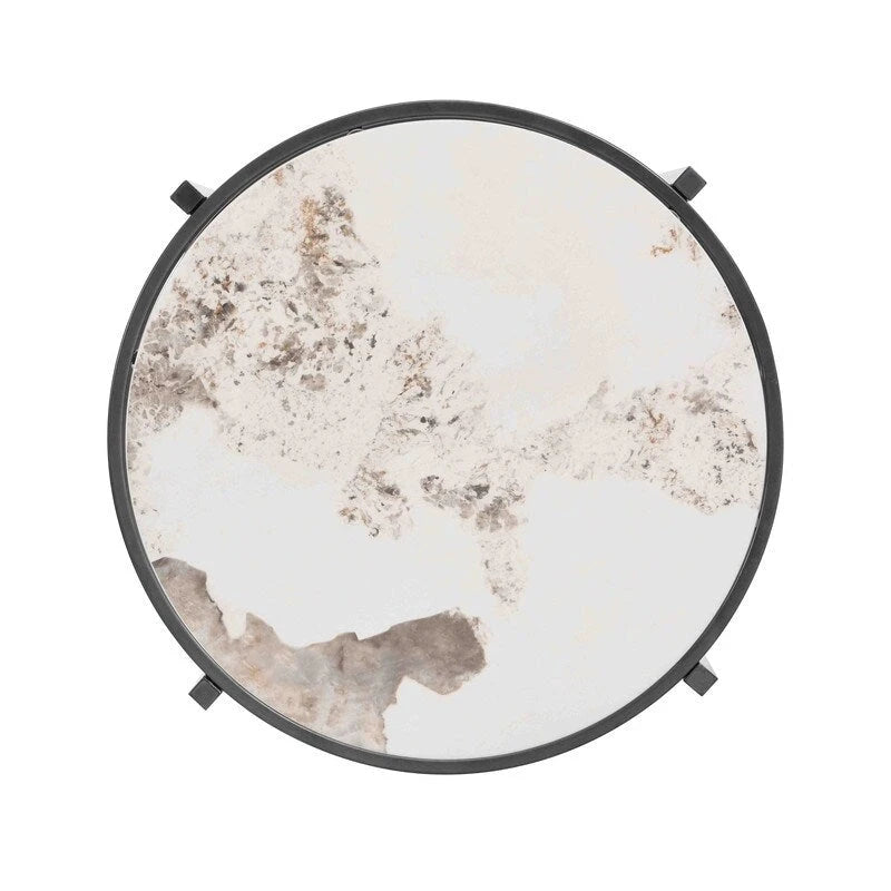 Table d'appoint ronde avec plateau en pierre frittée et structure métallique, 52,5 cm x 55 cm
