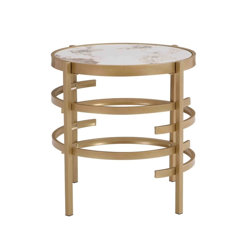 Table d'appoint ronde avec plateau en pierre frittée et structure métallique, 52,5 cm x 55 cm