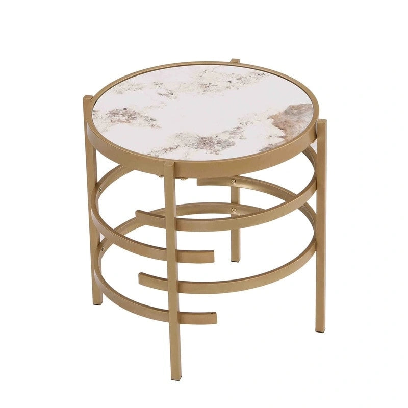 Table d'appoint ronde avec plateau en pierre frittée et structure métallique, 52,5 cm x 55 cm