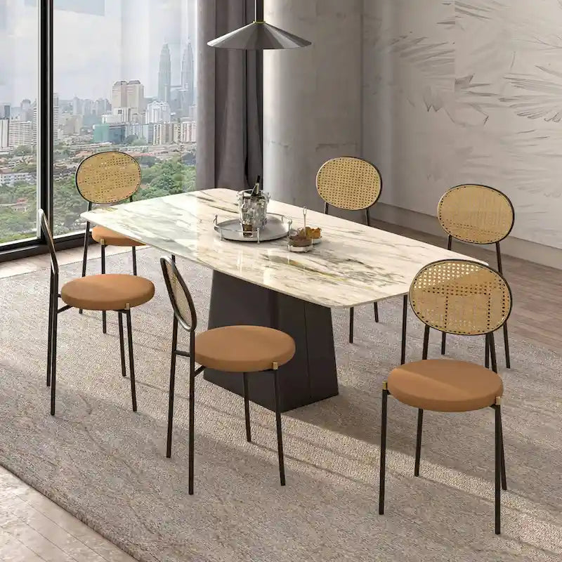 Chaise de salle à manger moderne avec assise en velours et dossier en osier