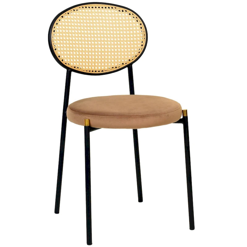Chaise de salle à manger moderne avec assise en velours et dossier en osier