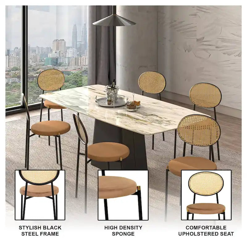 Chaise de salle à manger moderne avec assise en velours et dossier en osier
