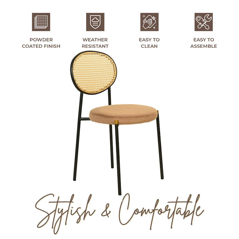 Chaise de salle à manger moderne avec assise en velours et dossier en osier