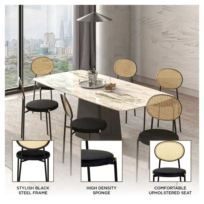Chaise de salle à manger moderne avec assise en velours et dossier en osier