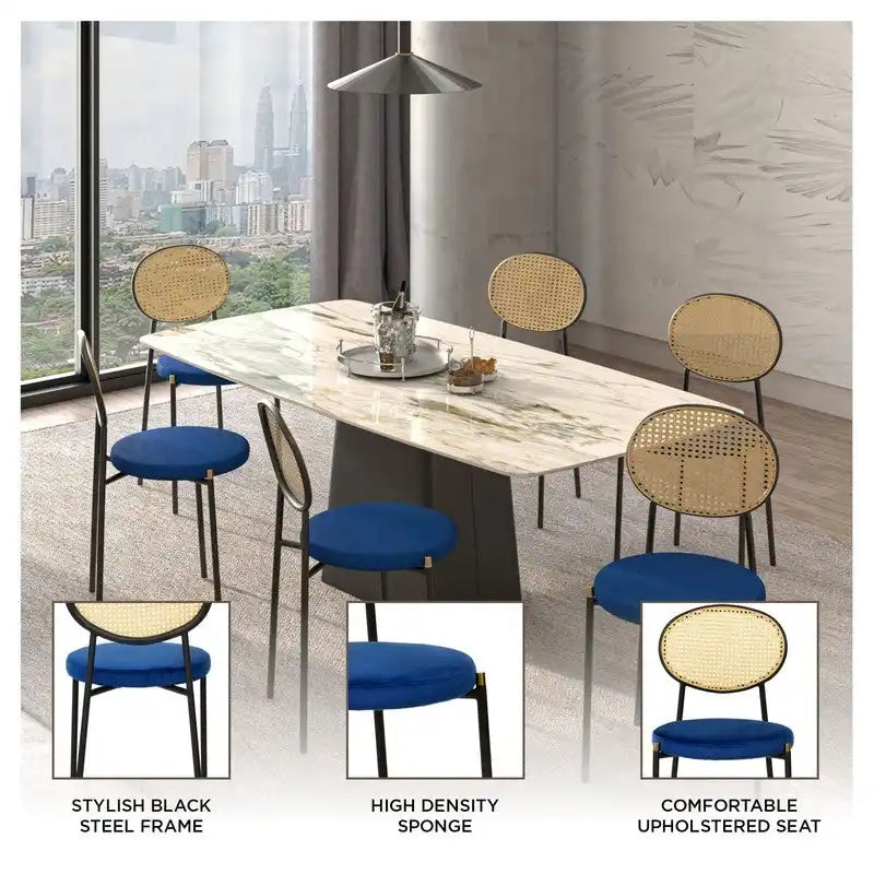 Chaise de salle à manger moderne avec assise en velours et dossier en osier