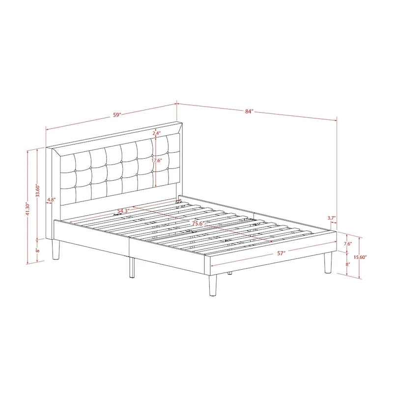 Lit plateforme rembourré avec tête de lit capitonnée - Pieds noirs (Options de taille et de couleur)