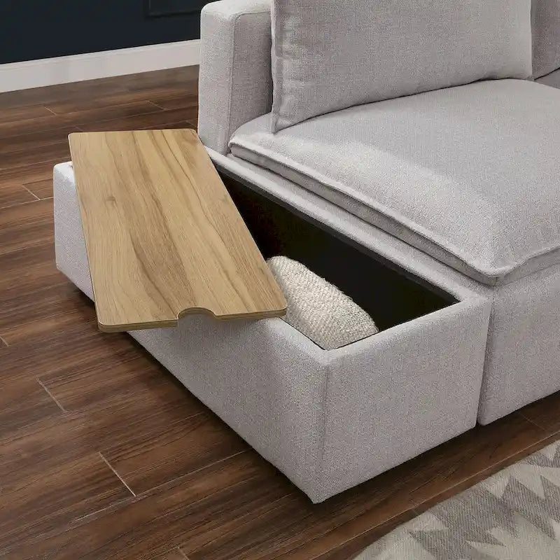 Console de rangement recouverte de tissu gris clair, 109 cm