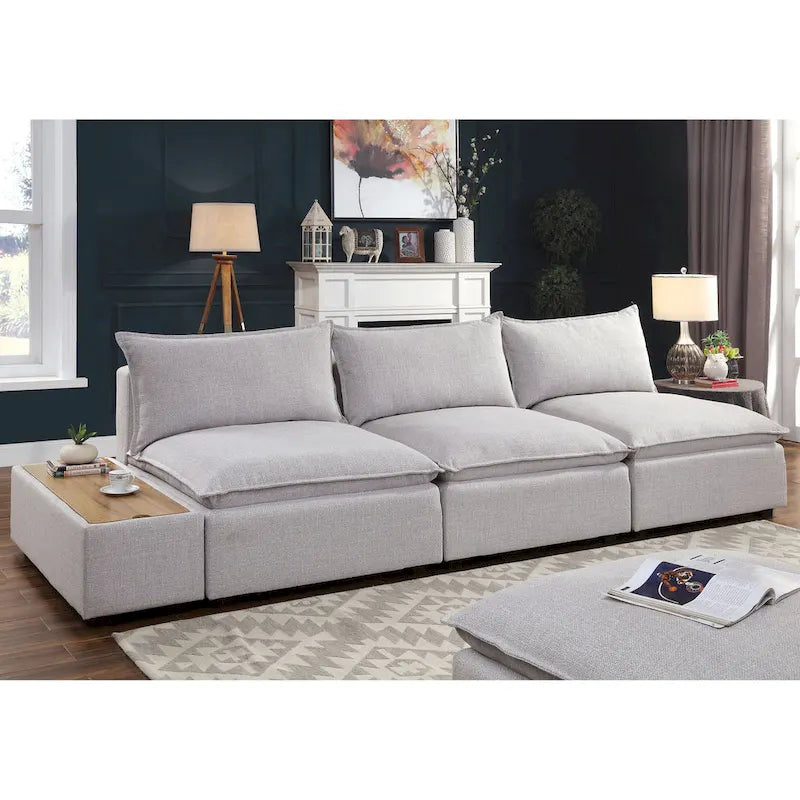 Console de rangement recouverte de tissu gris clair, 109 cm