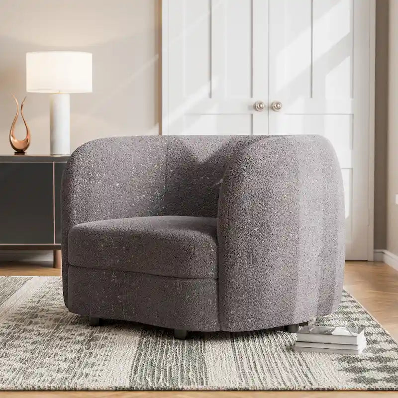 Fauteuil d'appoint Boucle avec accoudoirs incurvés, coussin d'assise de type rein et pieds ronds en bois