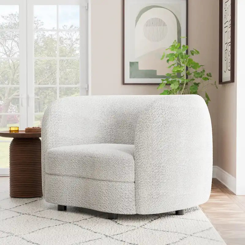 Fauteuil d'appoint Boucle avec accoudoirs incurvés, coussin d'assise de type rein et pieds ronds en bois