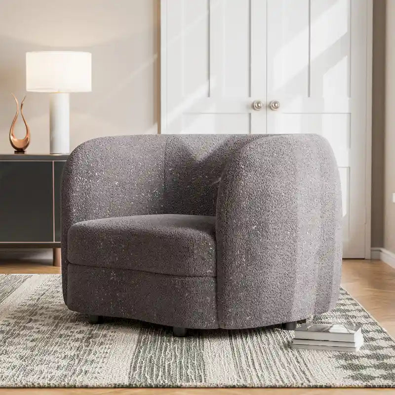 Fauteuil d'appoint Boucle avec accoudoirs incurvés, coussin d'assise de type rein et pieds ronds en bois