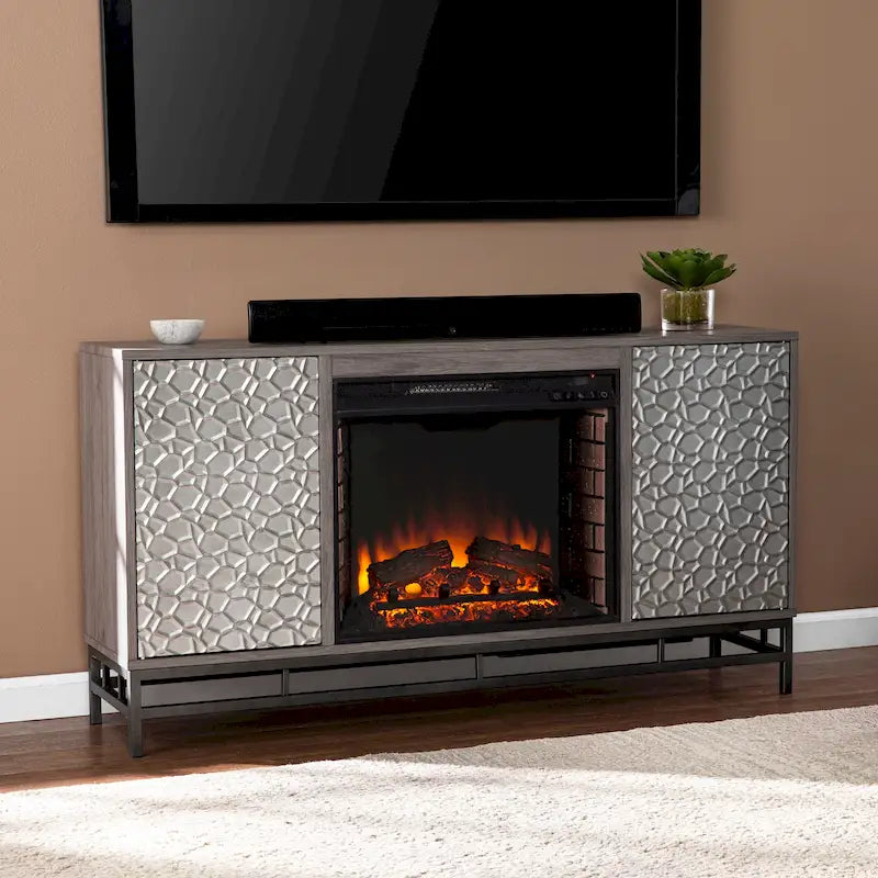 Meuble TV avec cheminée électrique et rangement multimédia