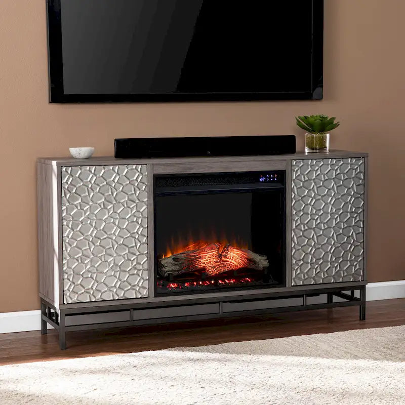 Meuble TV avec cheminée électrique et rangement multimédia