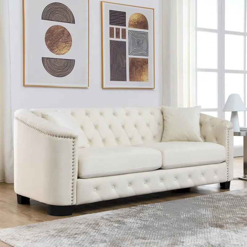 Canapé Chesterfield 3 places en velours capitonné de 195 cm avec clous décoratifs